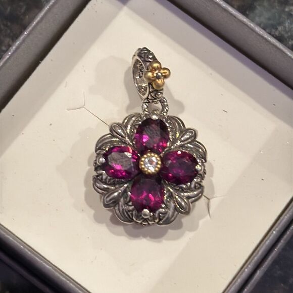 BARBARA BIXBY RHODOLITE GARNET LOTUS FLOWER PENDANT JAN B-DAY NWOT EXC 18K & SS - Picture 1 of 12